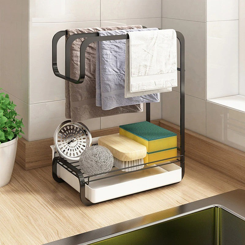 Kitchen Sink Organizer,Sponge Holder with Towel Rack Drain Pan for