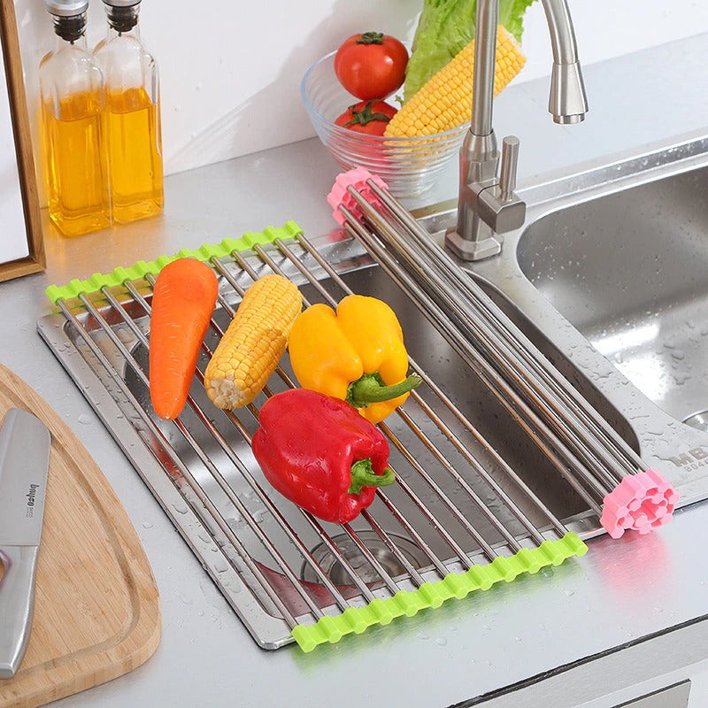 Folding Stainless Steel Dish Rack Sink Kitchen Drainers Roll Up Dish Dryer  For Fruit Vegetable Plate Red