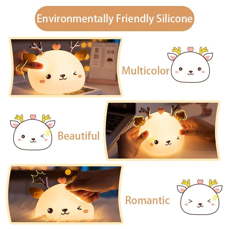 Cute Deer Multicolor Touch Sensor LED Rechargeable Silicone Night Light w/ Remote Controller