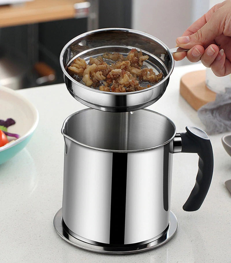 Kitchen Stainless Steel Oil Strainer Pot Grease Container Jug