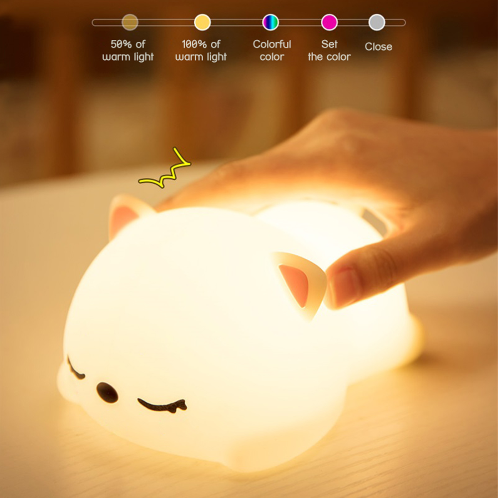 Cute Cat Multicolor Touch Sensor LED Rechargeable Silicone Night Light w/ Remote Controller