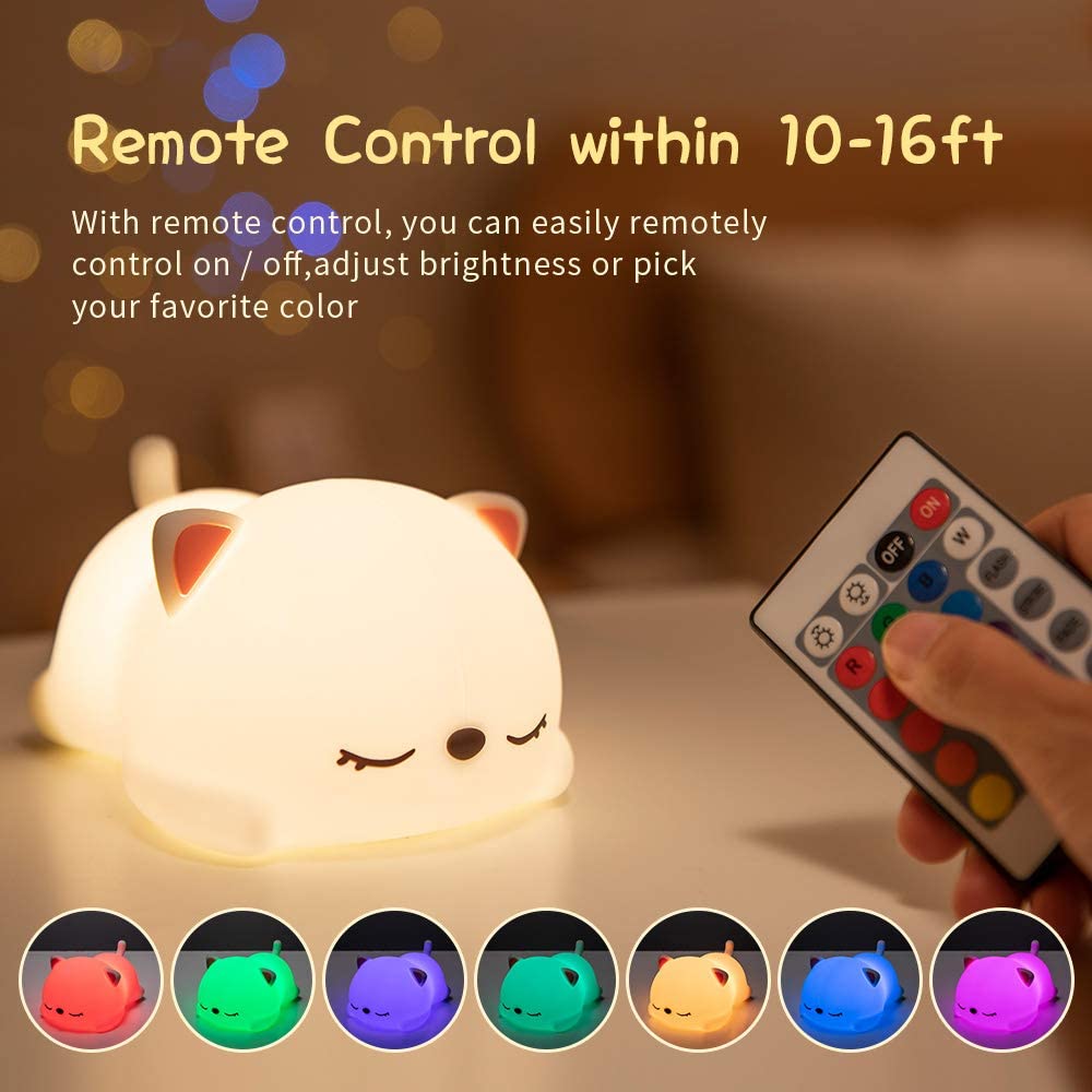 Cute Cat Multicolor Touch Sensor LED Rechargeable Silicone Night Light w/ Remote Controller