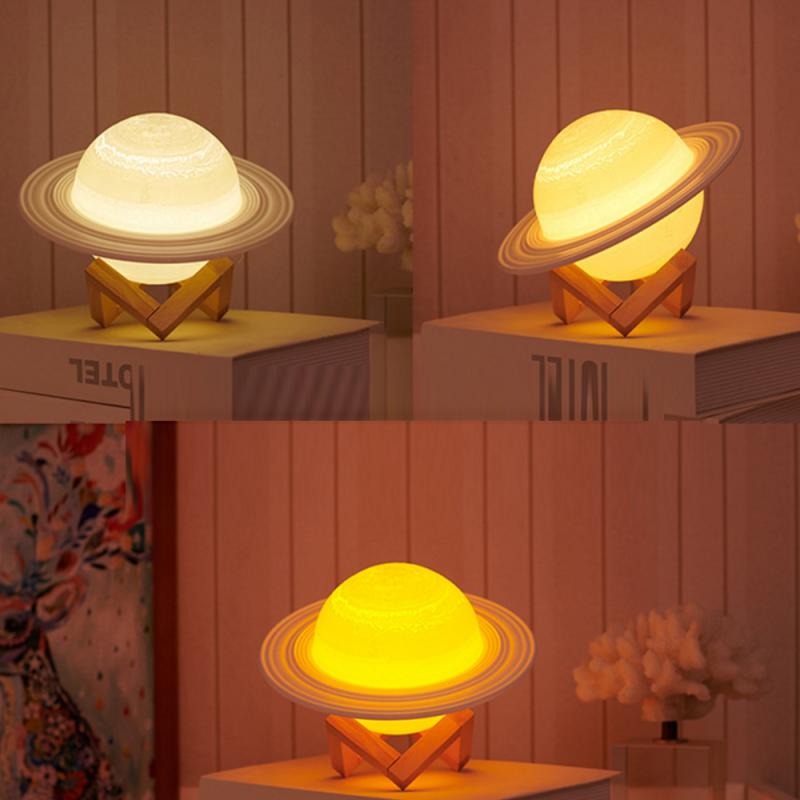 Modern Multi-Color 3D USB Rechargeable Touch Saturn Moon Lamp LED Night Light w/ Remote Control Gift for Children and Adults
